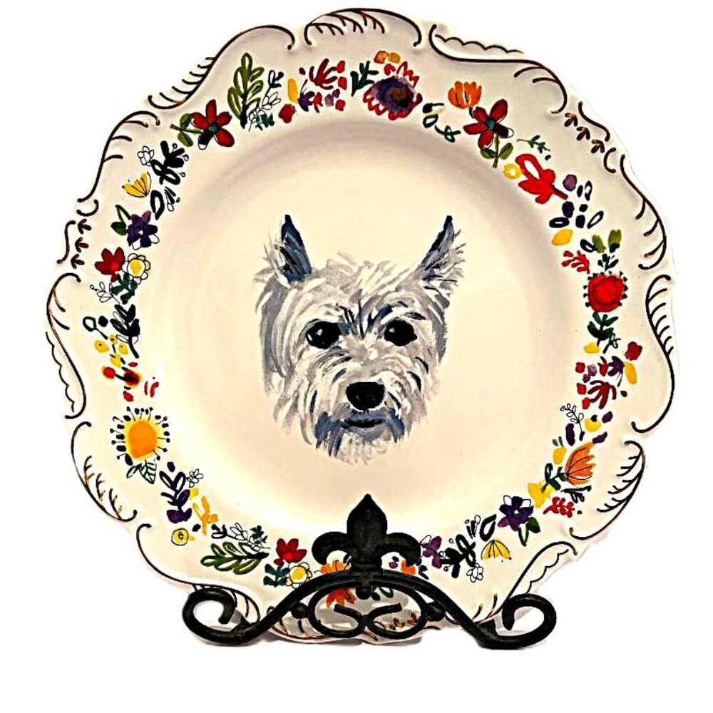 West Highland Terrier (Westie) Hand Painted Porcelain Plate with gold rim - 9.5"